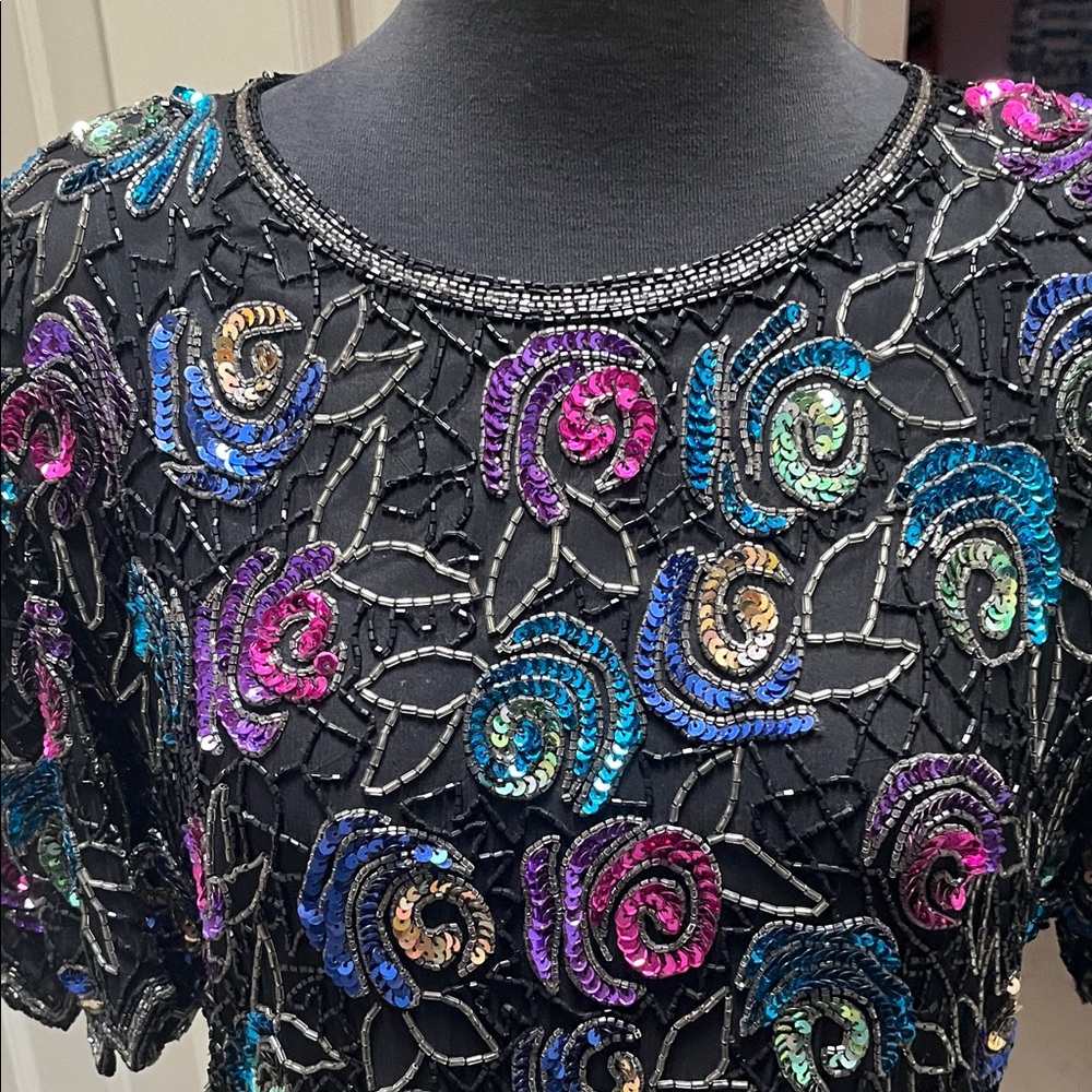 Vintage 80’s Laurence Kazar Multicolor Black 100% Silk Sequin Top Extra Large - Picture 5 of 7